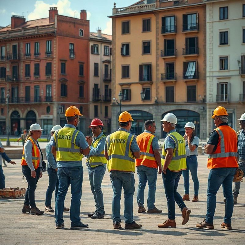 Trabajadores de la construcción y de oficina compartiendo una plaza pública en Montevideo