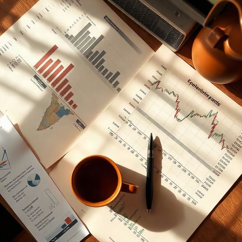 Escritorio de un economista con gráficos impresos y una taza de cerámica terracota